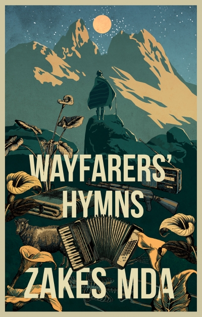 Cover shows a man on a cliff wrapped in a blanket with a wooden staff looking at mountains away from the reader. In the forefront are arum lilies, cattle, and an accordion in the center. 