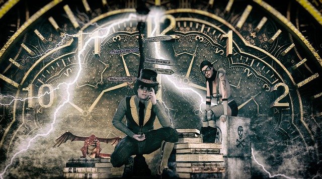 Clock in background with lightening streaking by. Steampunk foreground with books, dragon, man and woman all steampunk top hatted googled up.