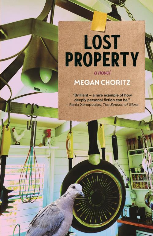 Cover shows a bird's eye view of a kitchen in green-ish light with a pigeon in the foreground and hanging pans, whisk, and other kitchen implements in the background.